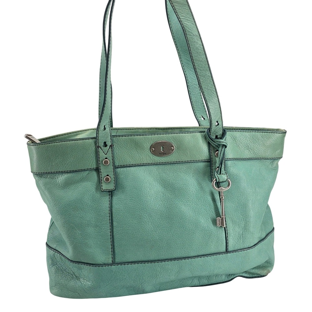 Fossil Rih Large Tote Bag Cowhide Leather Pebbled Blue Green Shoulder Key Charm